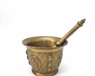Antique Brass Apothecary Mortar and Pestle with Embossed Decorations
