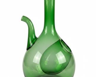 Vintage Italian Green Glass Wine Decanter with Spout and Circular Opening