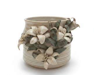 Art Pottery Planter with Magnolia Appliqués