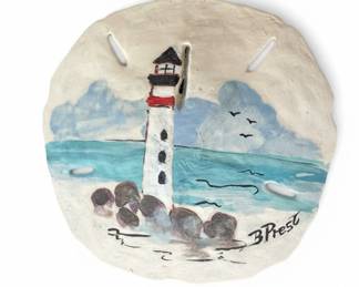 Hand-Painted Sand Dollar with Lighthouse Scene by B. Prest