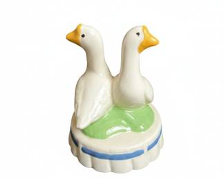 Double Goose Figurine with Blue Ribbon Accent