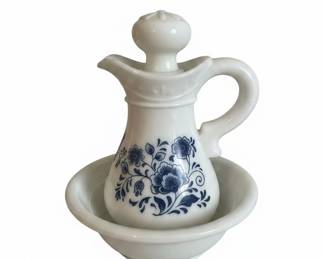 Avon "Skin So Soft" Milk Glass Pitcher and Basin Set with Blue Floral Design
