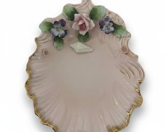 Vintage Porcelain Trinket Dish with Applied Flowers and Gold Trim - R.S. Prussia Style