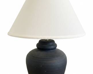 Vintage Black Ribbed Ceramic Urn Table Lamp with White Linen Shade