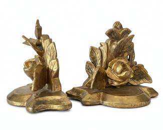 Vintage Gilt Bronze Rose and Leaf Bookends