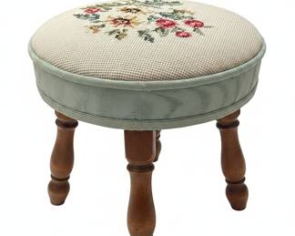 Vintage Floral Needlepoint Footstool with Carved Wood Legs