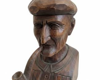 Vintage Hand-Carved Wooden Busts of Elderly Figures, likely Basque