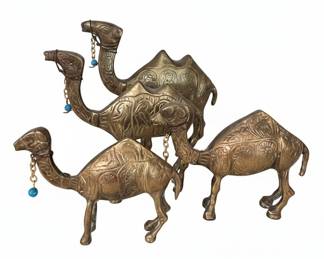 Vintage Brass Camel Figurines with Blue Bead Accents (Set of 4)