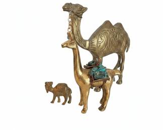 Vintage Brass Llama and Camel Figurines with Turquoise Inlay