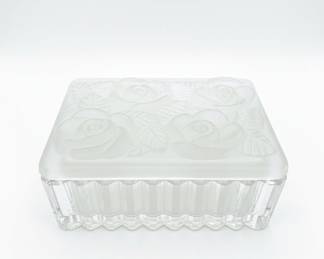 Vintage Frosted Glass Rose Box with Ribbed Base