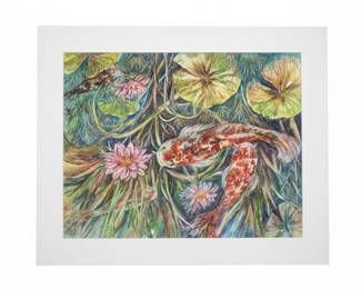 Koi Pond Watercolor Painting by Nancy Gonzalez