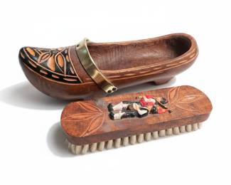 Antique Carved Wooden Shoe Snuff Box with Figures and Brush