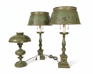 Vintage Sage Green Grape Motif Toleware Table Lamps Set of 3
