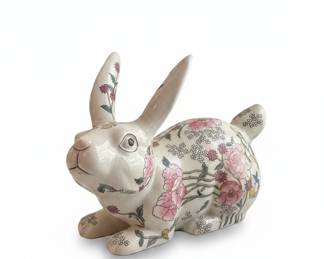 Vintage Chinese Porcelain Rabbit Figurine with Tobacco Leaf Floral Motif