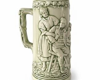 Vintage German Ceramic Beer Stein with Relief Scene of Woman and Child