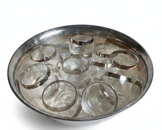 Dorothy Thorpe Silver Banded Crystal Tumblers and Punch Bowl Set