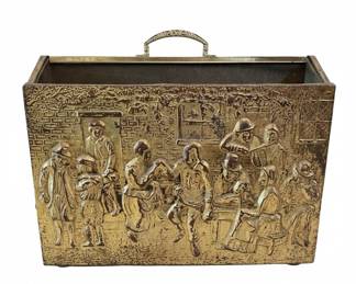 Vintage Embossed Brass Fireplace Kindling Box with Village Scene