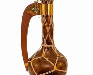 Vintage Amber Glass Decanter with Wicker Wrap and Wooden Handle