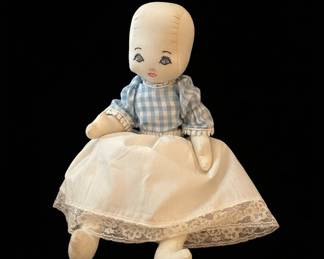 Vintage Cloth Doll with Blue Gingham Dress