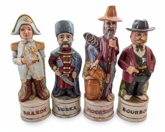 Set of Four Character Ceramic Liquor Decanters: Napoleon (Brandy), Cossack (Vodka), Hillbilly (Moonshine), Southern Gentleman (Bourbon)