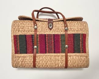 Vintage Striped Woven Straw Handbag with Leather Accents