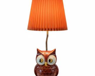 Vintage Goebel "Wise Owl" Porcelain Lamp with Pleated Orange Shade