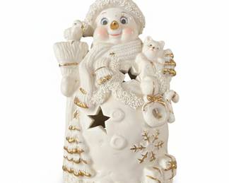 International Bazaar Ceramic Snowman Lantern with Cat and Bird