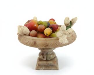 Vintage Italian Alabaster Bird Bath Pedestal Compote with Artificial Fruit