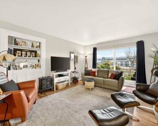 Rugs, lamps, fire place, pillows, baskets