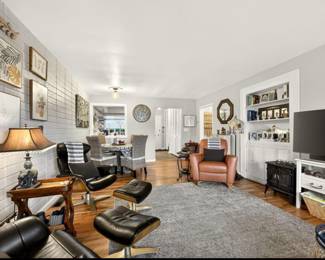 Lamps, decor, mid century style chairs, tv