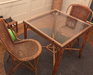 Wicker set glass top table and two chairs