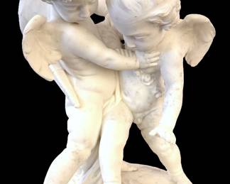 Falconet, 19th Century Italian School, Carved Marble Pair of Winged Amorini in a Battle for Love 21-1/2" tall