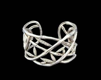 4a1 John Hardy sterling cuff bracelet with diamonds on bamboo leaves