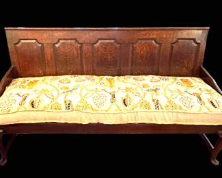 Wooden High Back Bench with Crewel Upholstered Bench Cushion