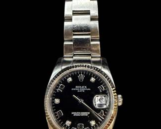 3r1 Rolex Oyster Perpetual Date with black dial and diamond hour markers