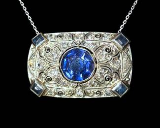 18k White Gold Vintage Pin/Pendant with Sapphires & Diamonds