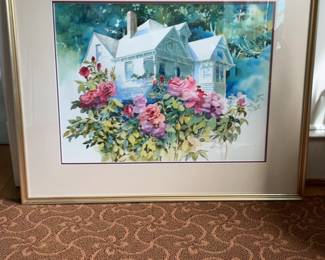 Framed Linda Griffin Watercolor Painting of a Victorian Cottage with Rose Garden