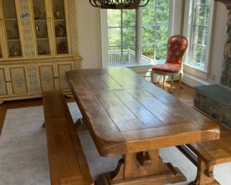 Rustic Solid Wood Dining Table with Matching Benches