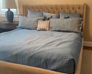 Modern Upholstered King Bed Frame and Quilted Bedding Set