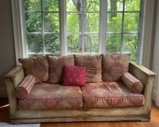 Rustic Traditional Upholstered Sofa with Bolster Pillows - L8’ x D37” x H29”