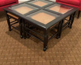 Modern Square Glass-Top Coffee Table with 4 Nested Stools - 41” x 41”