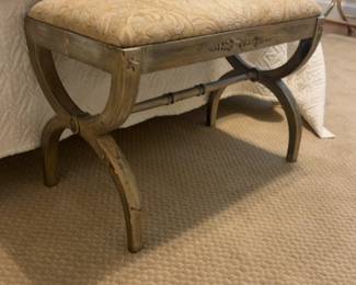 Ornate X-Frame Bed Bench with Damask Upholstery - L26” x D14 x H18”