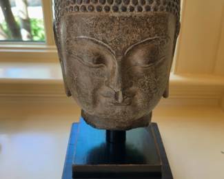 Bronze Buddha Head Sculpture on Pedestal - Heavy