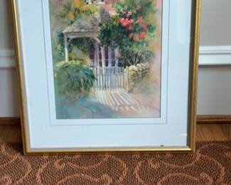 Framed Cottage Watercolor Painting with Floral Accents