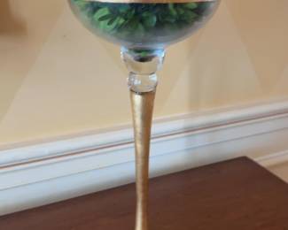 Set of 2 Kellogg Collection Gold Trim Glass Pedestals with Boxwood Topiary Ball 6” - Sold as Set