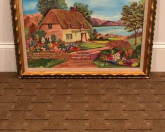 Framed Oil Landscape Painting of a Thatched Cottage by Stella Szumski
