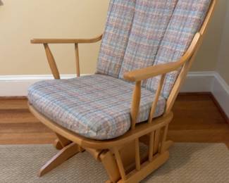 Dutailier Wooden Glider Rocker with Plaid Cushions