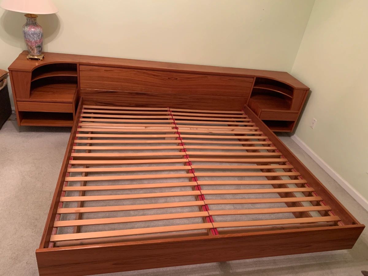 #1	Kaiserslautern mid century  King size platform  bed w 2 built in end tables.82- 124x89x29	 $800.00 