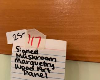 #117 Signed Mushroom Marquetry Wood Art Mushroom Panel $25.00