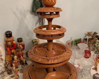 #28 Vintage MCM 4 Tiered teaky monkey pod lazy Susan 33" tall w Pineapple topper and small serving speaders $75.00